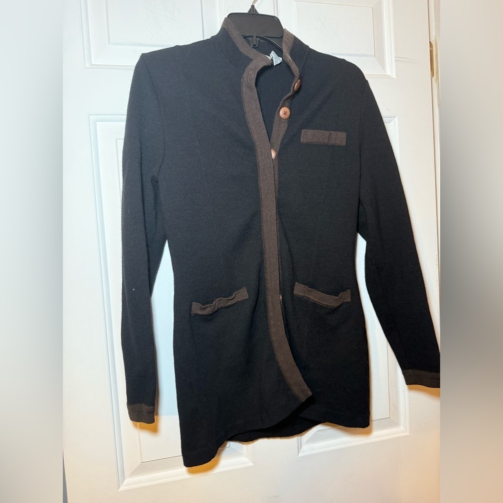 Dana Buchman Black 100% Wool Long Black Cardigan Sweater Brown Contrast Medium
